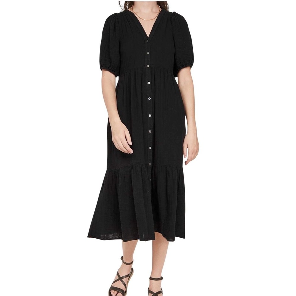 Xirena Lucy Dress Womens M Black Linen Button Front V-Neck Long Sleeve Midi NEW